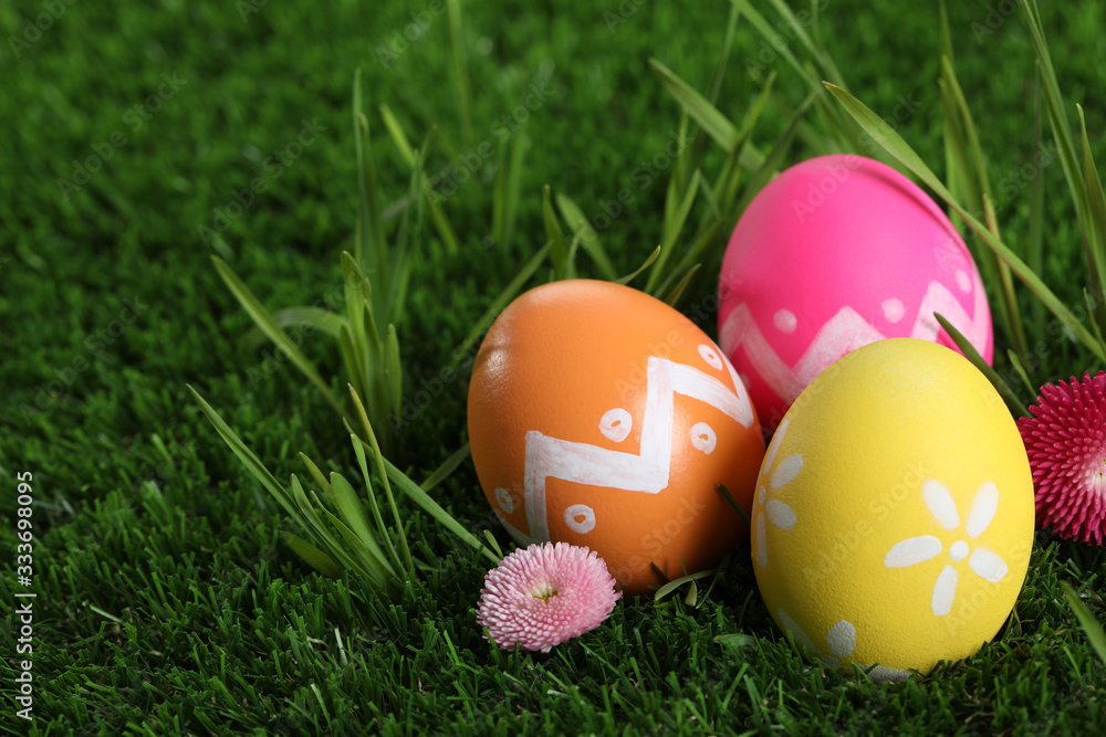 Colorful Easter eggs and daisy flowers in green grass, closeup