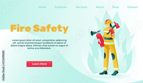 Landing Page Advertises Fire Safety, Protection, Insurance Services for Life and Property. Cartoon Firefighter On Duty. People Characters. Prevention Technologies. Flat Design. Vector Illustration