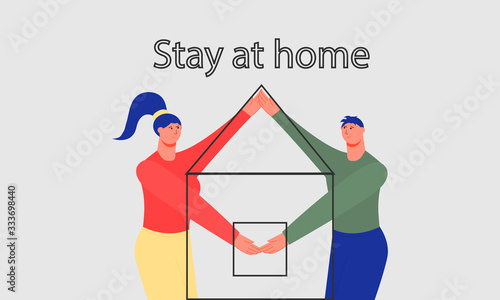Man and woman hold hands, forming the contour of the house. The concept of solidarity and protection in your home. Stay at home. Cartoon flat style. Vector. Isolated on white
