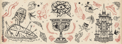Warrior crusader, sacred holy grail, ancient castle, occult hands, all seeing eye, sword and arrows. Middle age art. Traditional tattooing style. Medieval old school tattoo collection