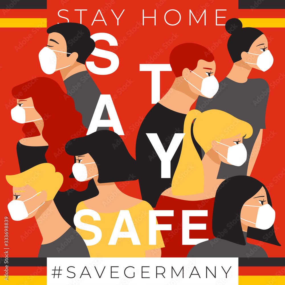 Fototapeta premium Set of men and women wearing medical mask preventing air pollution and virus with national flag : Stay home, stay safe poster layout : Vector Illustration