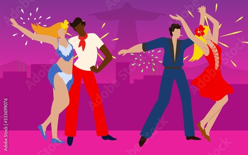 Dancers Dancing Ballroom Dances at Brazilian Carnival. Fireworks and Carnival. Dancers Dance Incendiary Dances. Brazilian Dance Festival. Vector Illustration. Joy and Fun. People in Abstract Clothes.