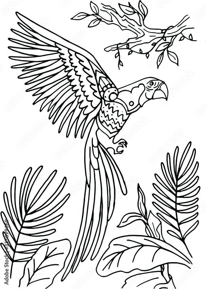Coloring page with a parrot, macaw. Hand-drawn coloring book for children and adults. Beautiful ...