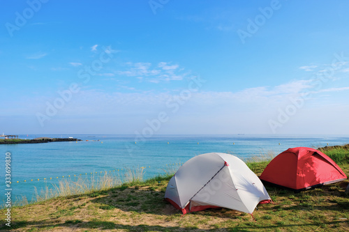 Tent. Hamdeok beach in Jeju Island  South Korea.