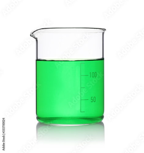 Beaker with green sample isolated on white