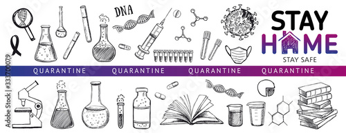 Stay home stay safe doodle illustration. Quarantine. Pandemic coronavirus. Coronavirus, dna, blood test. Laboratory research vector hand drawn icons set.