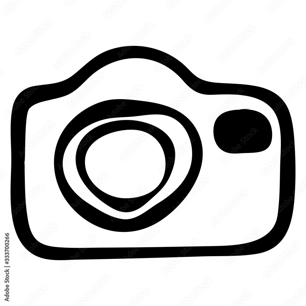 Vector flat illustration of a camera in the form of a black outline. One item on an isolated white background in a Doodle style. Can be used for web, textile, wrapping paper, fabric, Wallpaper. Vector flat illustration of a camera in the form of a black outline. One item on an isolated white background in a Doodle style. Can be used for web, textile, wrapping paper, fabric, Wallpaper.