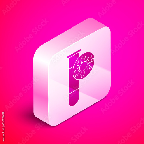 Isometric Laboratory glass test tube with virus and bacteria icon isolated on pink background. Analysis microorganism, research, diagnosis. Silver square button. Vector Illustration