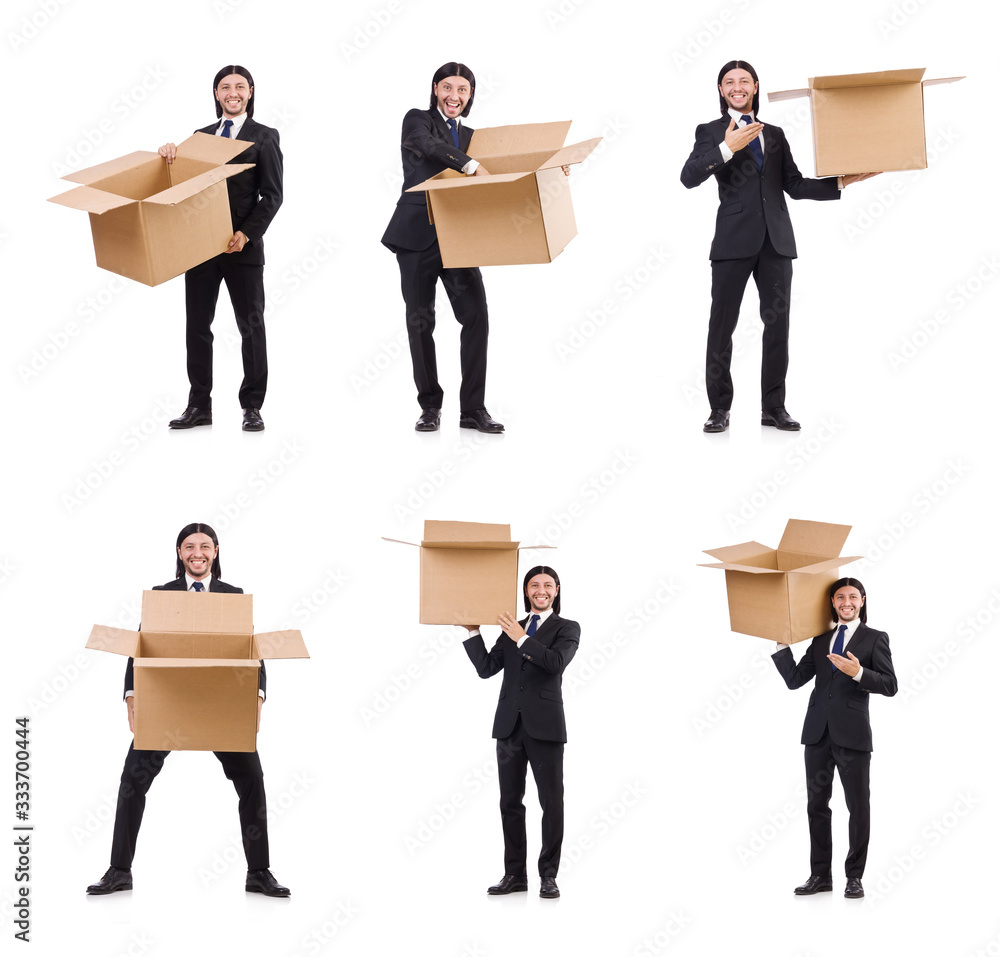 Funny man with boxes on white Funny man with boxes on white