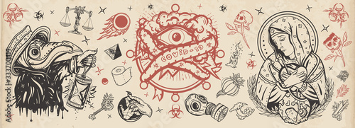 Coronavirus. Old school tattoo. Stop epidemic. Virgin Mary mourns the death of world, all seeing eye. Plague doctor, COVID-19 (SARS-CoV-2). Traditional tattooing, medieval style