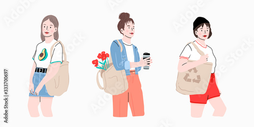 Set of Cute young ladies standing in trendy clothes and holding shopping bags. Eco shopper. Modern fashion look. Hand drawn Vector trendy illustration. Flat design. Cartoon style. Isolated on white