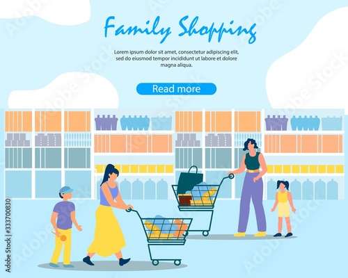 Shopping with Kids. Women with Children Walking at Supermarket Buying Products. Happy Family Sparetime, Everyday Chores. Adult and Little Customers in Store. Cartoon Flat Vector Illustration, Banner