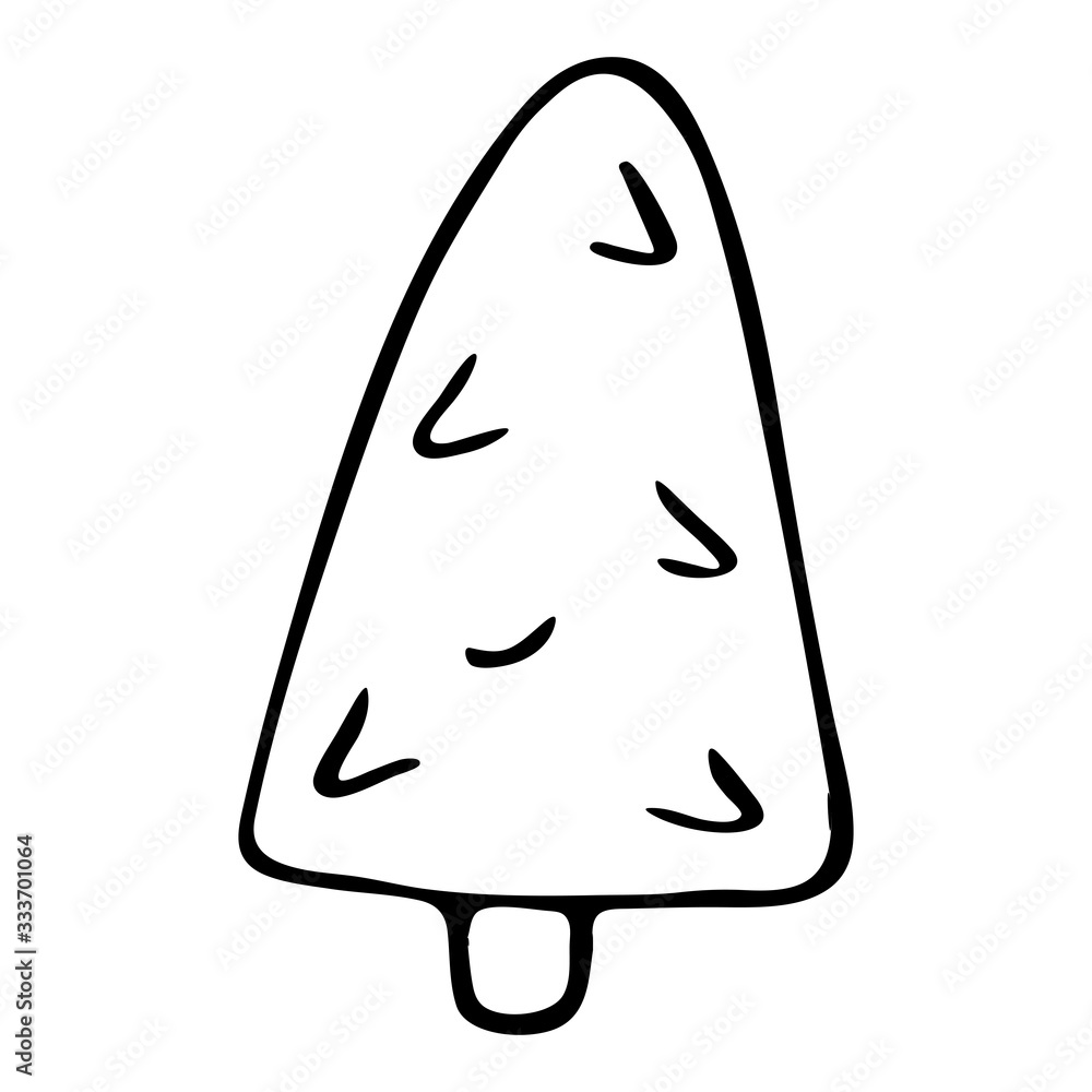 Vector hand-drawn illustration of a spruce tree on an isolated white background, black outline. Nature, fauna, Hiking, camping, forest, black and white Doodle.Hand- painted design for web, leaflets.