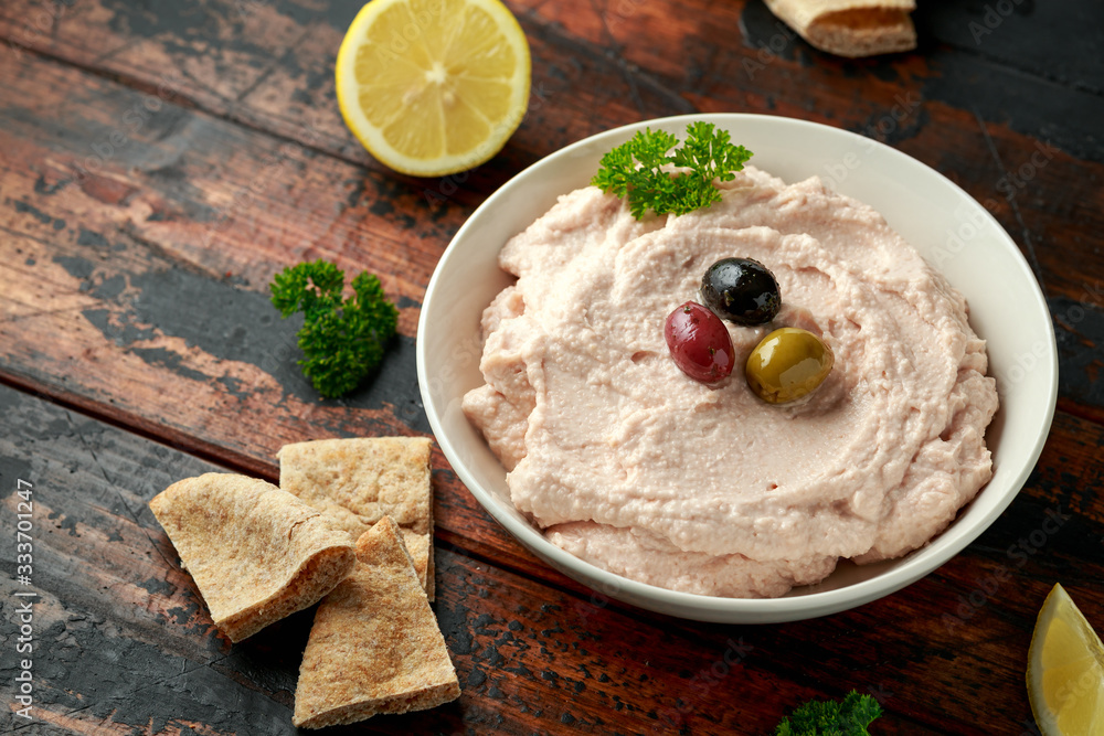 Taramasalata dip with pita bread and olives Taramasalata dip with pita bread and olives
