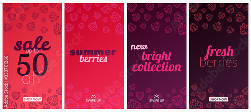 Vector set of story banners. Concept, summer, berries, raspberries, blackberries, freshness. In raspberry and blackberry colors. Discounts, new items. Copyspace.