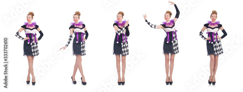 Foto A girl in harlequin costume isolated on white