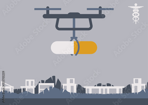 A drone is carrying a pill. The modern delivery and distribution of medicine, the possibility to provide the access to the pharmaceutical products for hard-to-reach areas and population