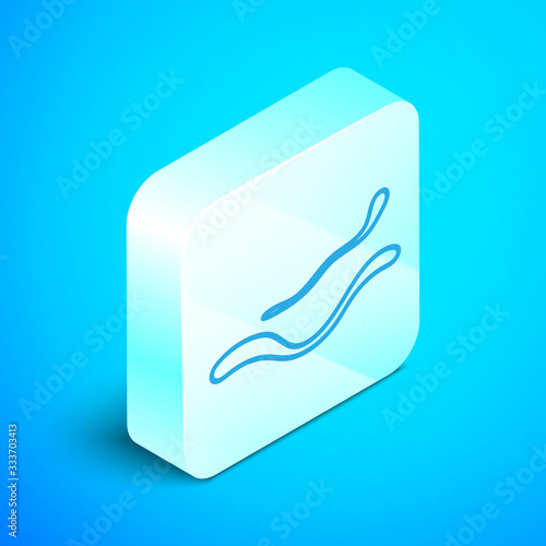 Isometric line Ebola virus disease icon isolated on blue background. Silver square button. Vector Illustration