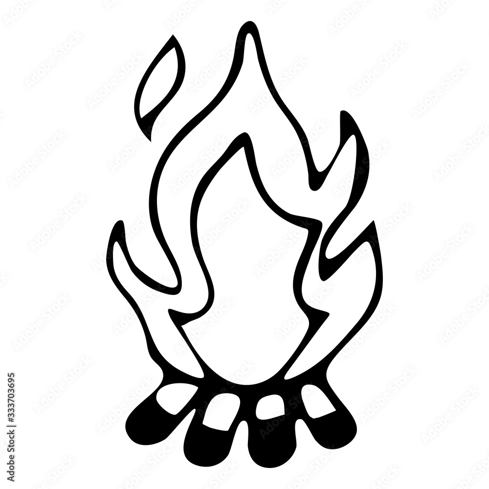 Flat vector illustration of a fire in the form of a black outline. Drawing of a single element on an isolated white background in the Doodle style. For textiles, wrapping paper, fabric, Wallpaper. Flat vector illustration of a fire in the form of a black outline. Drawing of a single element on an isolated white background in the Doodle style. For textiles, wrapping paper, fabric, Wallpaper.