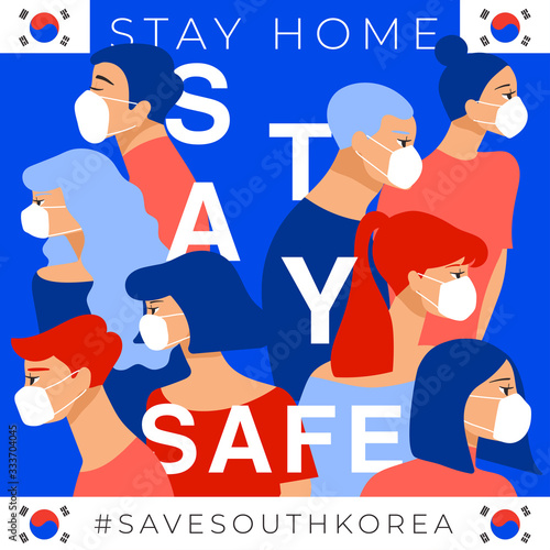 Set of men and women wearing medical mask preventing air pollution and virus with national flag : Stay home, stay safe poster layout : Vector Illustration