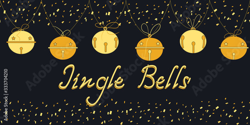 Jingle bells hand drawn lettering. Seamless border with hanging bells. Christmas card with confetti, a garland of golden bells and the inscription Jingle Bells. Xmas and New Year vector background