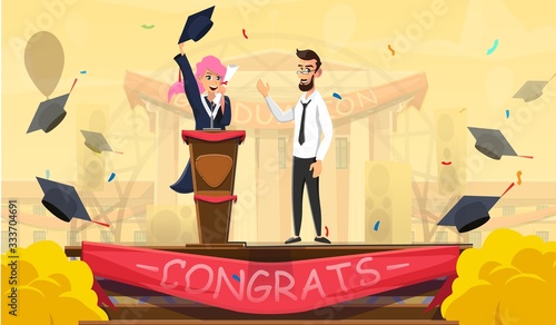 Young Smiling Female Student in Gown Giving Graduation Ceremony Speech on Stage. Mortarboard with Teacher, Rector Stand at Podium. Cartoon Hat with Tassel Flying. Vector Congratulation Illustration