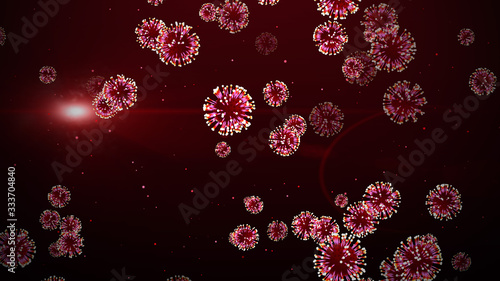 Slika na platnu Abstract Red 3D Corona Virus Cells Illustration And Glitter Dust With Lens Flare