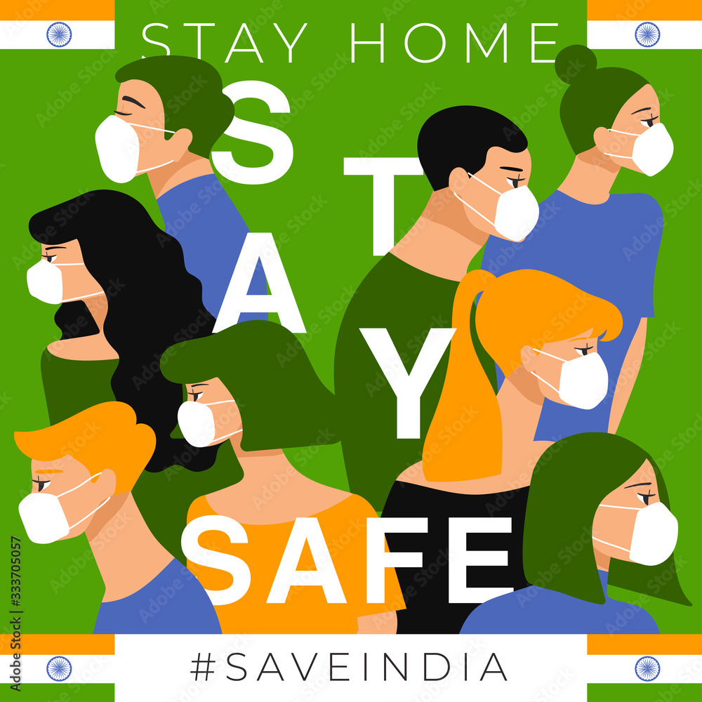 Set of men and women wearing medical mask preventing air pollution and virus with national flag : Stay home, stay safe poster layout : Vector Illustration Set of men and women wearing medical mask preventing air pollution and virus with national flag : Stay home, stay safe poster layout : Vector Illustration