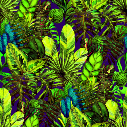 Fototapeta Naklejka Na Ścianę i Meble -  Modern abstract seamless pattern with watercolor tropical leaves for textile design. Retro bright summer background. Jungle foliage illustration. Swimwear botanical design. Vintage exotic print.