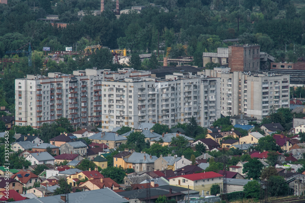 Aerial view of old multi-storey panel houses.