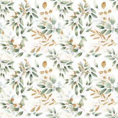 Handdoek met foto Aquarel bladerprint patronen Romantisch bloemenpatroon met gouden takken  © January Bloom