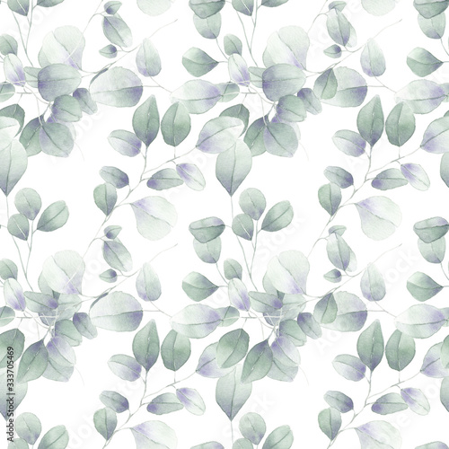 seamless watercolor floral foliage pattern leaves eucalyptus herbs green pastel delicate branches wrapping wedding romantic natural organic nature © January Bloom