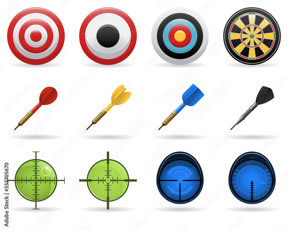 Vector set of sniping scopes, darts and targets isolated on a white background. Includes red, yellow, blue and black darts, 4 round targets and blue and green (night vision) sniper scopes. Vector set of sniping scopes, darts and targets isolated on a white background. Includes red, yellow, blue and black darts, 4 round targets and blue and green (night vision) sniper scopes.