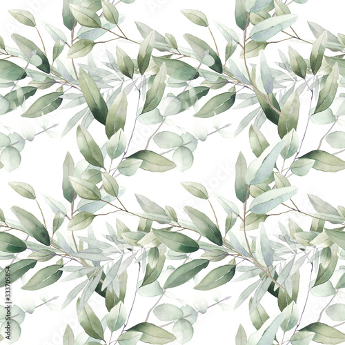 seamless watercolor floral foliage pattern leaves eucalyptus herbs green pastel delicate branches wrapping wedding romantic natural organic nature 