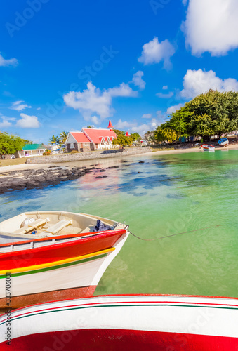 boats and church at Cap Malheureux, Mauritius 