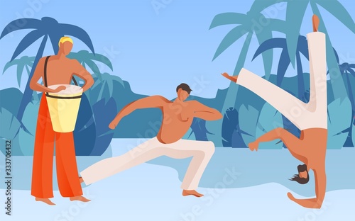 Man Playing Drum. Men with Naked Torso Show Acrobatic Stunts. People Celebrate Brazilian Carnival. Country Cult. People Have Fun. National Holiday of Brazil. Vector Illustration. Joy and Fun.