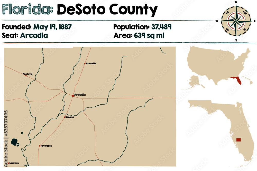 Large and detailed map of DeSoto county in Florida, USA.