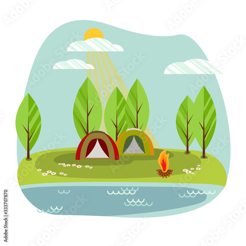 Sunny day landscape illustration in flat style with tents, campfire, trees and water. Background for summer camp, nature tourism, camping, hiking  or  glamping design concept.