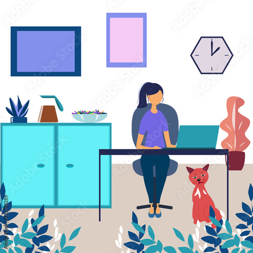 Work from home concept, flat tiny person vector illustration. Freelancer remote office workplace interior setup with desk, chair and computer. Girl designer enjoying daily life routine and freedom.