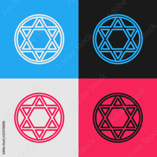 Pop art line Star of David icon isolated on color background. Jewish religion symbol. Symbol of Israel. Vector Illustration