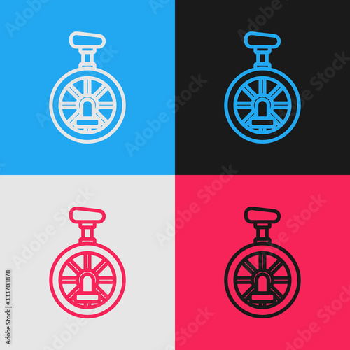 Pop art line Unicycle or one wheel bicycle icon isolated on color background. Monowheel bicycle. Vector Illustration