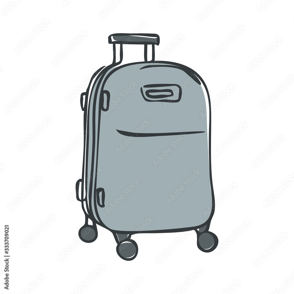 Grey luggage suitcase with wheels and a retractable handle isolated on a white background. Baggage bag for vacation journey. Cartoon vector illustration for design banners, flyers, web Grey luggage suitcase with wheels and a retractable handle isolated on a white background. Baggage bag for vacation journey. Cartoon vector illustration for design banners, flyers, web