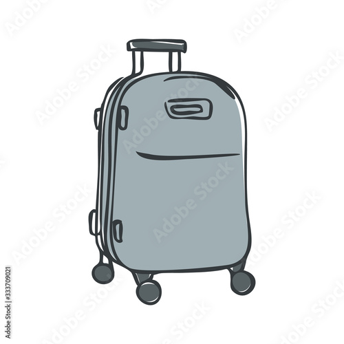 Grey luggage suitcase with wheels and a retractable handle isolated on a white background. Baggage bag for vacation journey. Cartoon vector illustration for design banners, flyers, web