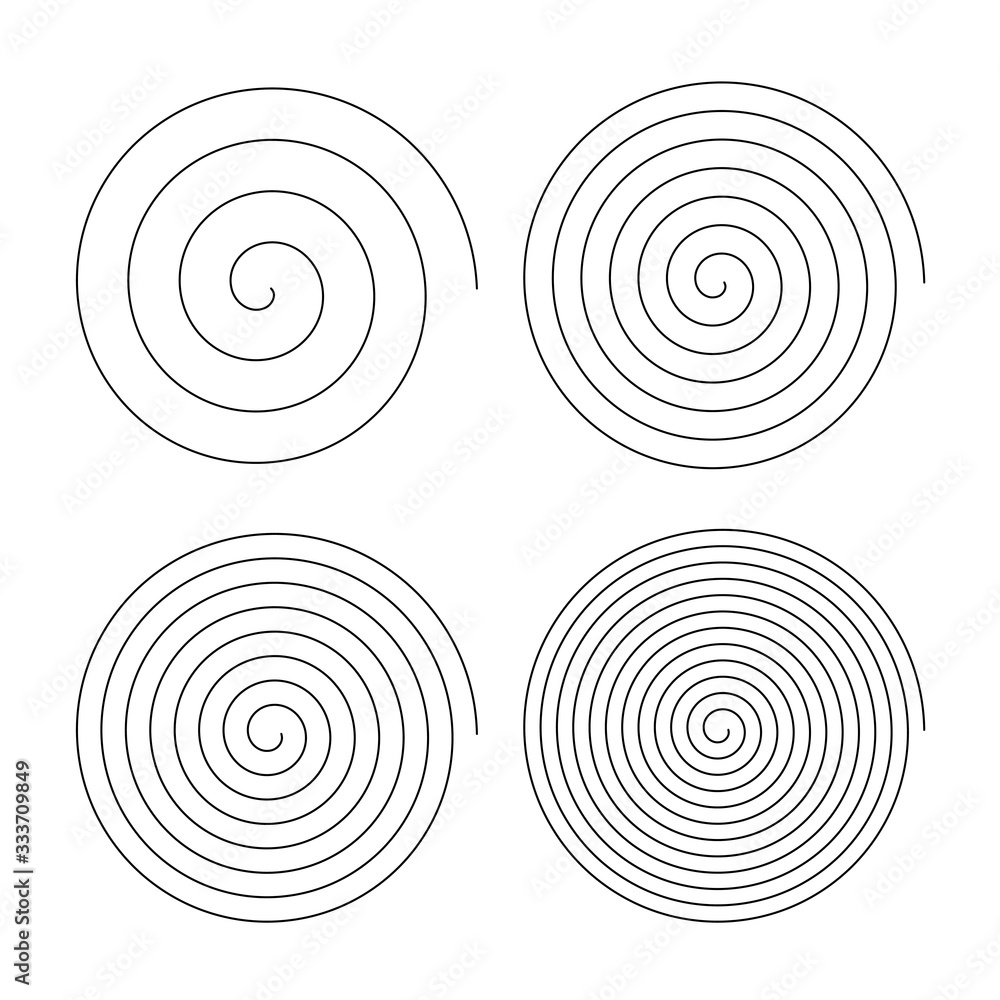 Set of line in circle form. Single thin line spiral goes to edge of canvas. Vector illustration - obrazy, fototapety, plakaty 