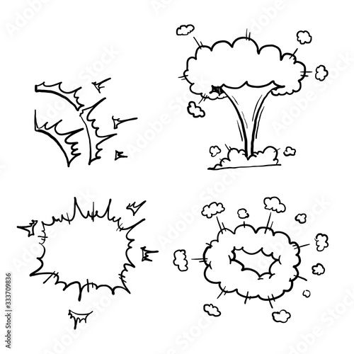 hand drawn Cartoon bomb explosion. Dynamite explosions, danger explosive bomb detonation and atomic bombs cloud comics. Bomb dynamites detonators doodle style