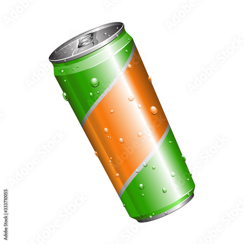 Realistic green and orange vector energy drink can. Can represent a cold and wet aluminum package, caffeine and non alcoholic beverages, taurine and vitamin B, refreshments, sugar, unhealthy drinking.