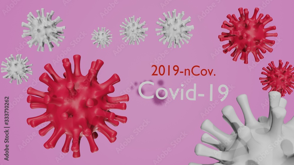 Fototapeta Disease COVID-19 infection. Background with realistic red and white virus cells. 3D rendering,3D illustration.