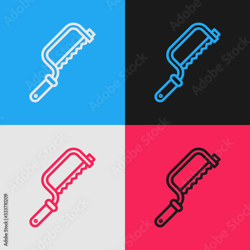 Pop art line Hacksaw icon isolated on color background. Metal saw for wood and metal. Vector Illustration