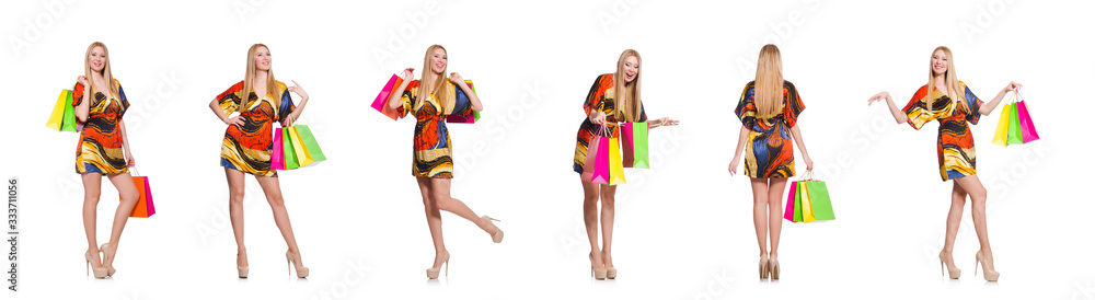 Young woman after shopping isolated on the white Young woman after shopping isolated on the white