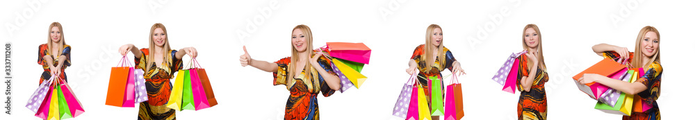 Young woman after shopping isolated on the white Young woman after shopping isolated on the white